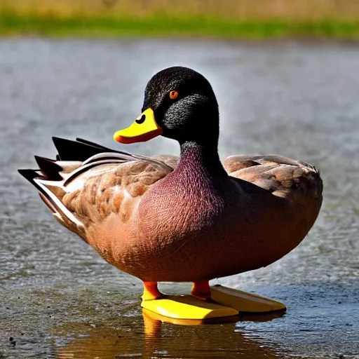 Image similar to a duck wearing rubber boots in the french countryside, realistic, detailed, 8 k