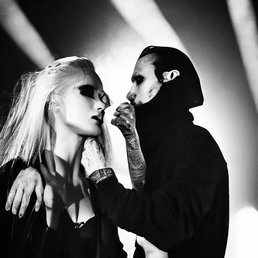 Image similar to an unfocused fashion photo of a man and a woman performing darkwave music, clothes by rick owens, faces veiled, short blond hair