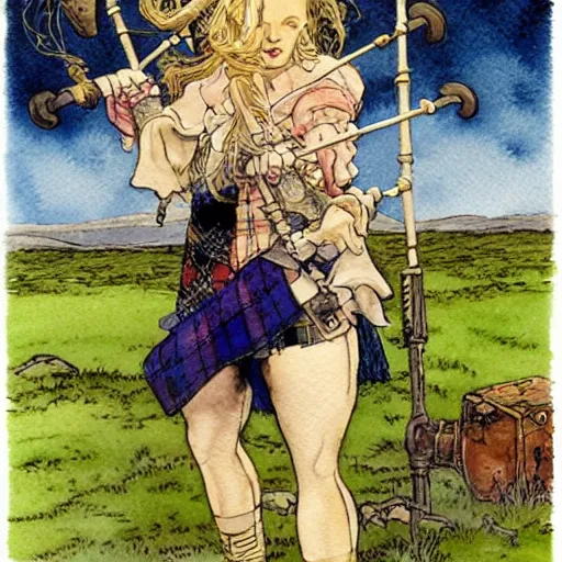 Image similar to a realistic and atmospheric watercolour fantasy concept art of britney spears dressed with scottish clothes and with bagpipe, muted colors. by rebecca guay, michael kaluta, charles vess and jean moebius giraud,