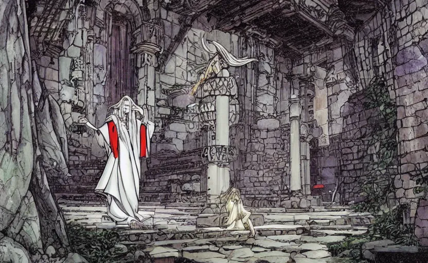 Image similar to A white priestess is conjuring a spell inside the ancient and mythical temple. By Masamune shirow