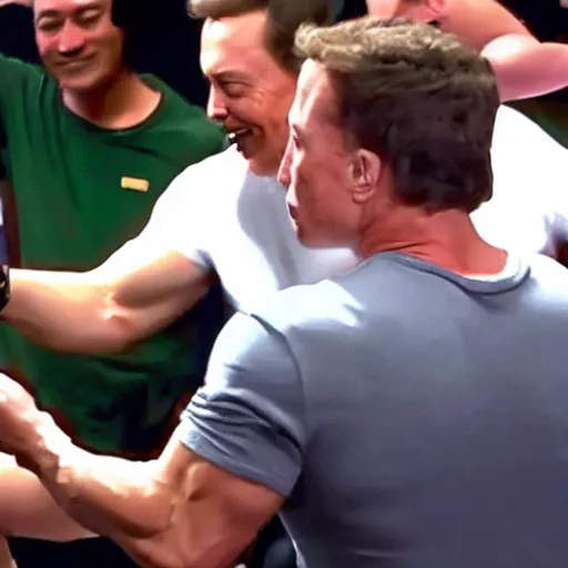 Image similar to high definition snapshot of arnold schwarzenegger kicking the crap out of elon musk & mark zuckerberg