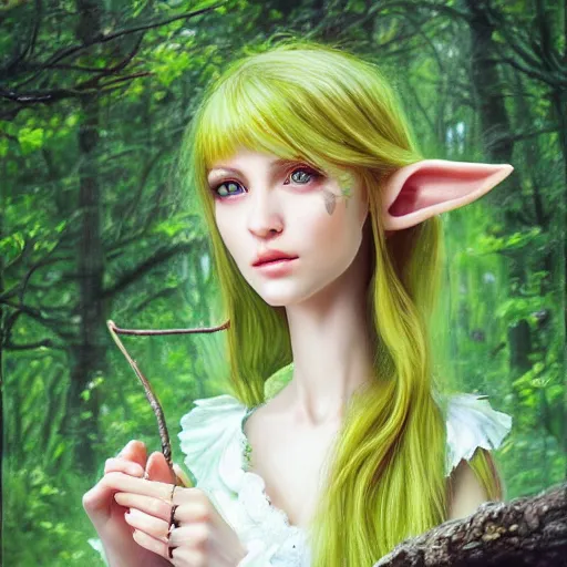 Image similar to a realistic portrait of a realistic female elf with a long withe and light green dress in the woods , perfect and hyperrealistic ultra detailed face, by WLOP
