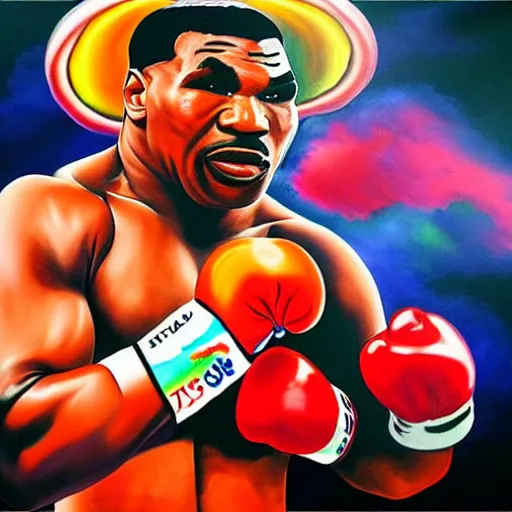 Prompt: a vivid airbrush painting of mike tyson eating a fist full of shrooms