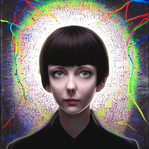 Image similar to beautiful pure evil adult lain with hundreds of network cables, neatly coming out of her head, a part of her face panel is showing, she is in pure bliss, chaos, bizarre, strange, portrait, painting