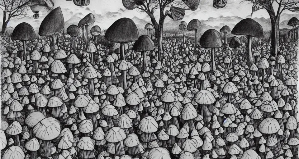 Image similar to A tribal village in a forest of giant mushrooms, by Charles Addams