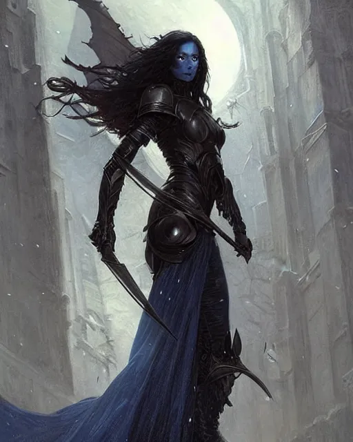 Image similar to a beautiful woman dark hair in an armor with dark eyes, perfect body, perfect face, highly detailed, elegant, dark blue, ethereal horror fantasy art by greg rutkowski and magali villeneuve and claude monet