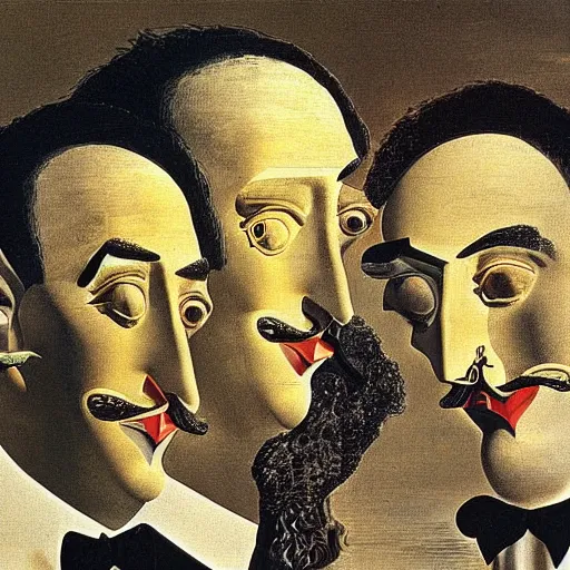 Prompt: high definition portrait of three men talking to each other by Salvador Dali