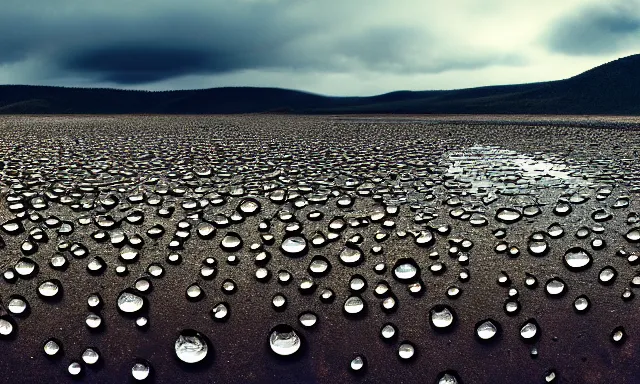 Image similar to panorama of big raindrops floating above a dried up river in a desolate land, dead trees, blue sky, hot and sunny highly-detailed, elegant, dramatic lighting, artstation, 4k, cinematic landscape, photograph by Elisabeth Gadd