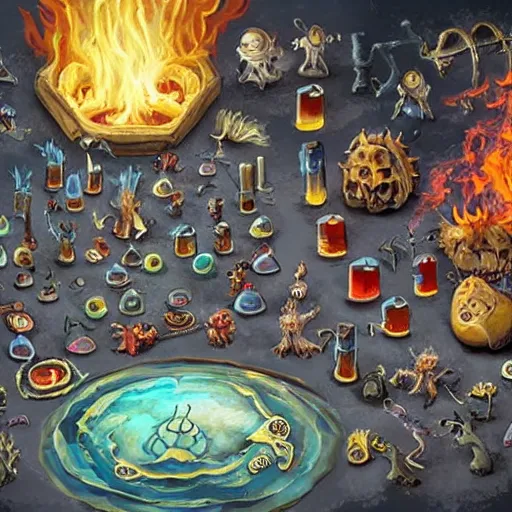 Image similar to these monsters are consumed by fire, yet they remain unharmed. they are surrounded by the tools of the alchemist's trade - beakers and test tubes full of fiery liquids, crystals, and books of ancient knowledge.