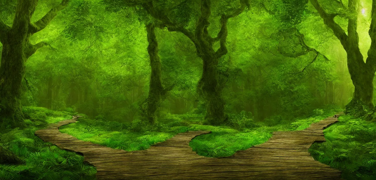 Image similar to a wooden path in the middle of a lush green forest, a detailed matte painting by john eyre, shutterstock contest winner, magical realism, enchanting, matte painting, mystical