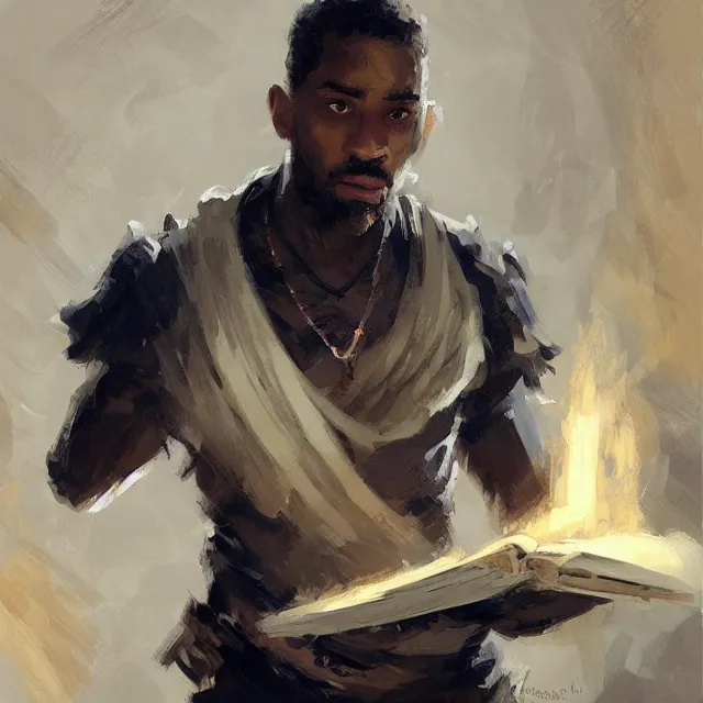 Image similar to a lightskinned black man with short hair, fantasy, using a macbook, elegant, intricate, digital painting, artstation, concept art, smooth, sharp focus, illustration, art by konstantin korovin and daniel f. gerhartz and john howe