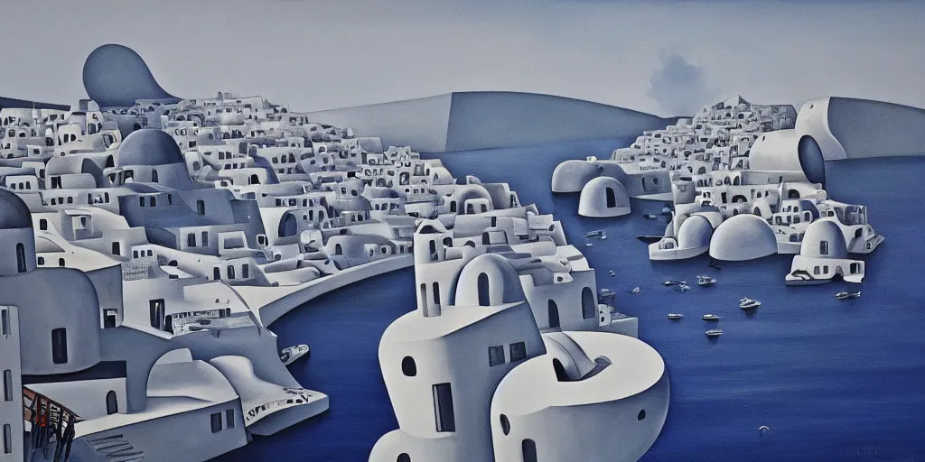 Image similar to a painting of abstract buildings like santorini by zaha hadid and yves tanguy