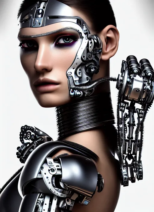 Image similar to a stunning young female cyborg profile face, face is made intricate tribal bio - mechanical, unreal engine, glamor shot, nikon d 7 5 0, closeup, f / 2. 8, low contrast, 1 6 k, rim lighting, optical fiber, cinematic lighting, insanely detailed and intricate, hypermaximalist, elegant, ornate, hyper realistic,