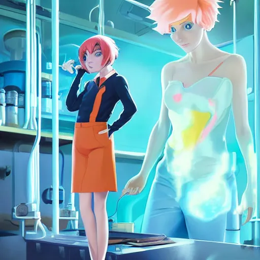 Image similar to British Pokemon original character with peach colored hair and heterochromia, Pixar style, beautiful woman, scientist, standing in a lab in front of a giant containment liquid filled tank, by Tristan Eaton Stanley Artgerm and Tom Bagshaw, Makoto Shinkai ilya kuvshinov and Wojtek Fus