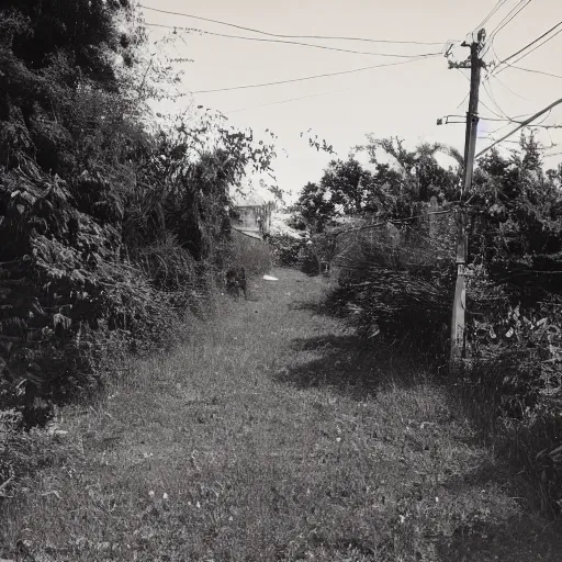 Image similar to liminal poor neighborhood, overgrown, photo taken from the street