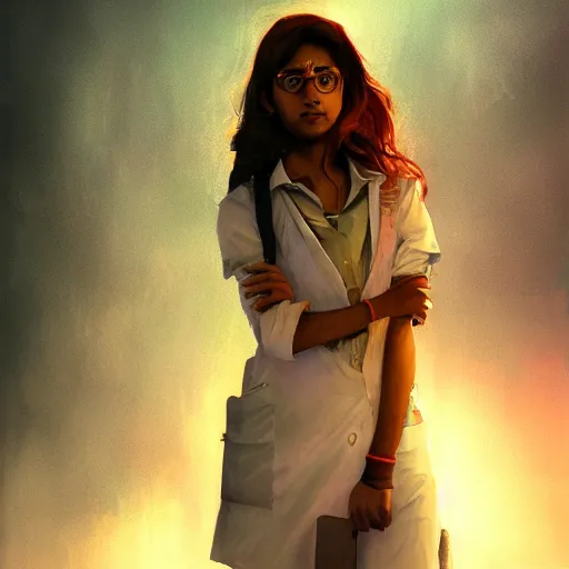 Image similar to Anxious beautiful young female Indian Doctor at Heathrow terminal, by Cedric Peyravernay, highly detailed, excellent composition, cinematic concept art, dramatic lighting, trending on ArtStation