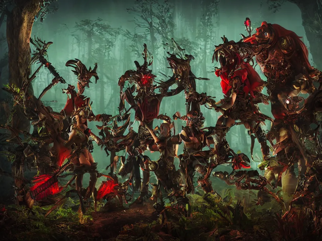 Prompt: red ridding hood and a troop of gamekeepers hunting on mystical monsters in forest. all wearing a steampunk and neonpunk mechanical fluorescent mystical animal masks. realistic fornite style. full body. product introduction photos. luminescent, elements, by stanley artgerm lau. epic cinematic shot, perfectly defined features, ambient occlusion