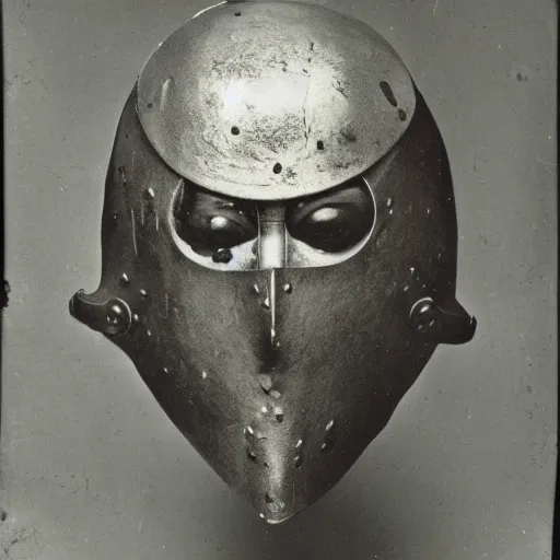 Image similar to photo portrait of 19 century brutal metal face mask cultist lord rich baron by Diane Arbus and Louis Daguerre