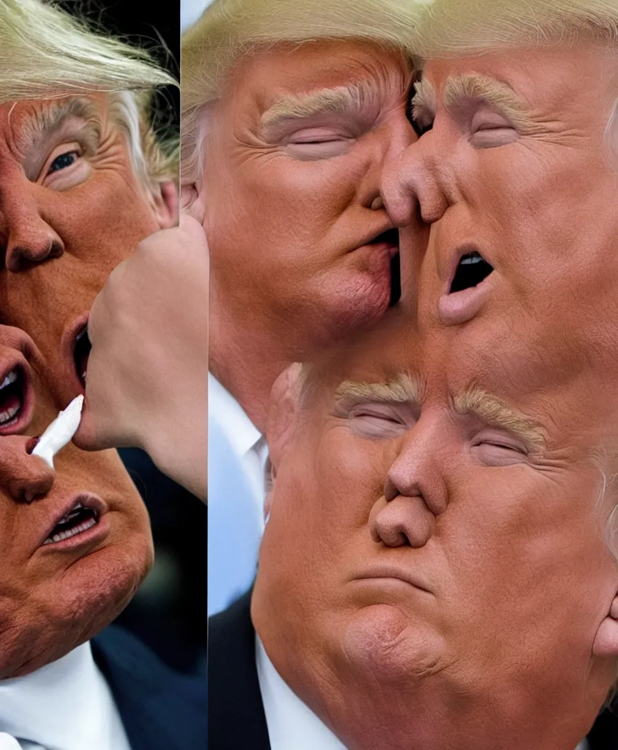 Prompt: photo of two men kissing. on the left is donald trump and the right is donald trump.