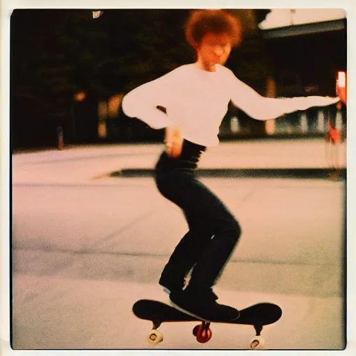 Prompt: Anna Akhmatova skateboarding, 90s polaroid, by Saul Leiter, Jamel Shabazz, Nan Goldin