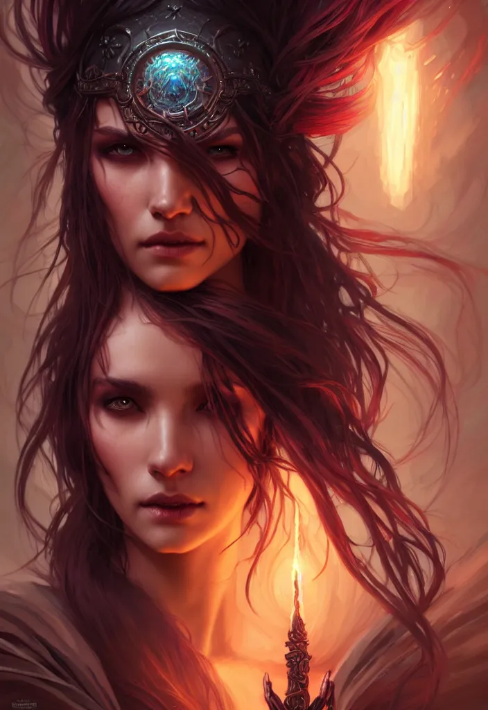 Image similar to Necromancer Sorceress face in center, fantasy magic, undercut hairstyle, dark light night, intricate, elegant, sharp focus, illustration, highly detailed, digital painting, concept art, matte, art by WLOP and Artgerm and Greg Rutkowski and Alphonse Mucha, masterpiece