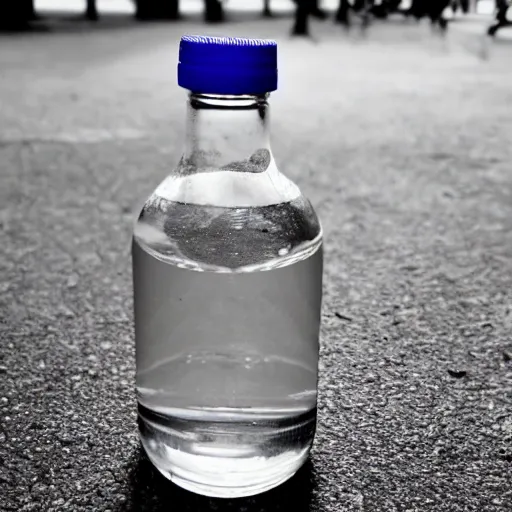 Prompt: photo of a bottle of water, dutch angle, low angle