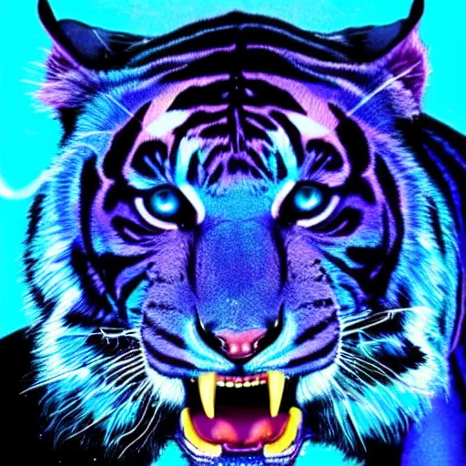 Image similar to blue tiger head growling looking to the right with hot pink lightning bolt shooting out of its eye to the left