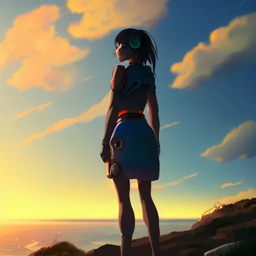 Prompt: A cyborg girl standing on the hill looking at the sea with a sunset in style of Makoto Shinkai and Cyberpunk. ArtStation, 8K, Highly Detailed, Intricate, Album Art.