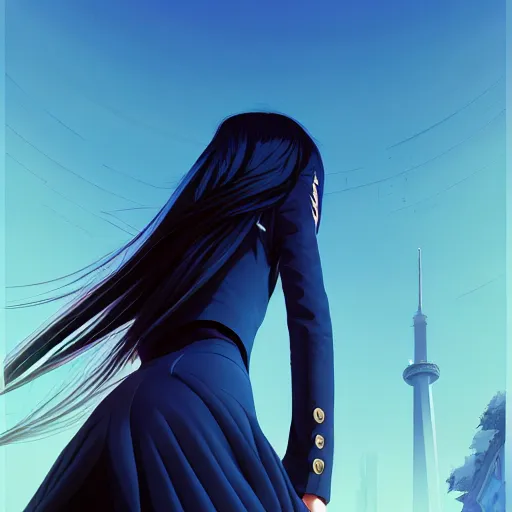 Image similar to low - angle shot from behind of a long blue - haired girl in a tailcoat looking up at the tower, combat boots, noir, screenshot, sharp focus, intricate, illustration, cell shaded, digital painting, highly detailed, straight hair, art by ilya kuvshinov, wlop, greg rutkowski, studio quality, james jean