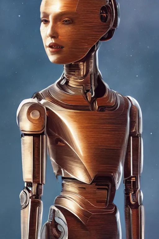 Image similar to full figure portrait of a female android made of chrome and woodgrain, lean sleek styling, feminine curves, reflective, inscribed etched with gnostic runes, by jessica rossier