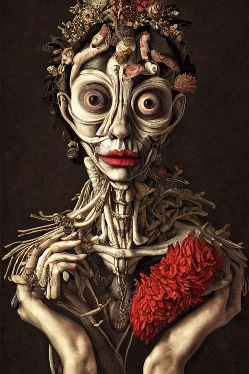 Image similar to Detailed maximalist portrait with large lips and with large, wide eyes, sad expression, extra bones, flesh, HD mixed media, 3D collage, highly detailed and intricate, surreal, illustration in the style of Caravaggio, dark art, baroque