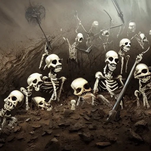 Image similar to 5 living undead skeletons emerging from a pile of brown shit and dirt in the bottom of a very dark well. swords in their hands. wide angle. trending on artstation, craig mullins, gopro lens.