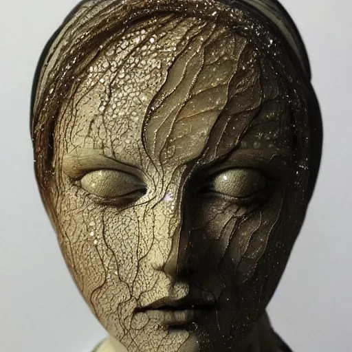 Image similar to a masterpiece marble sculpture of the veiled virgin, subsurface cracks, !dramatic !face, !female, covered in intricate !detailed golden !!streaked veil , physically based rendering, ultra photo realistic , dark background by Dan Hillier