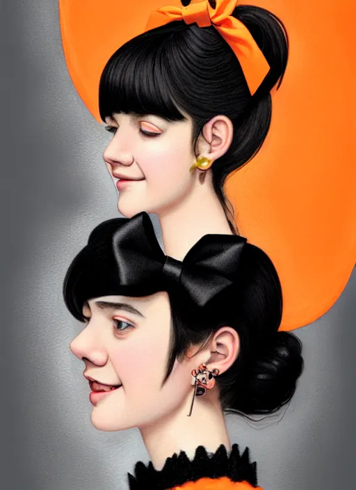 Image similar to portrait of high school girl, realistic, black hair, bangs, half updo hairstyle, pointy nose, skinny, smile, ugly, defined jawline, big chin, orange hair bow, earrings, intricate, elegant, glowing lights, highly detailed, digital painting, artstation, sharp focus, illustration, art by wlop, mars ravelo and greg rutkowski