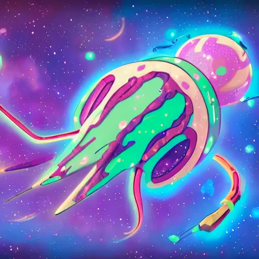 Prompt: Cartoon network Steven Universe design of a cute Ancient tribe dusty damaged spaceship shaped like a jelly fish flying in a gas of nebulas and stars in hyperspace, beautiful clear detailed 8k digital art, final render