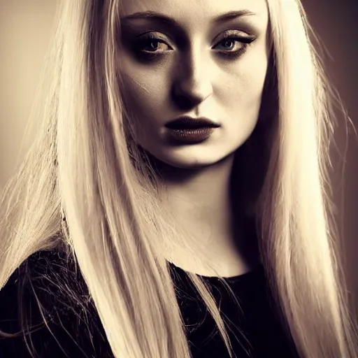 Prompt: modeling photograph sophie turner, blonde, beautiful, dark, mysterious, bubble goth, detailed symmetrical face, half body shot, fog dramatic, teen