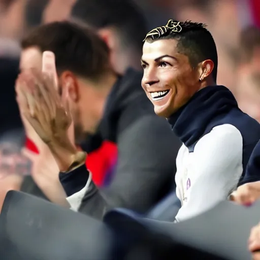 Image similar to cristiano ronaldo smiling sitting on the bench and waving his hand