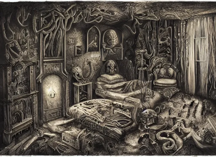 Prompt: a childhood bedroom by adonna khare, and h. r. giger, liminal aesthetic, dreamcore, weirdcore, clean lines, wide angle