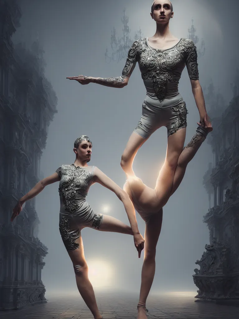 Image similar to beautiful ashhey graham in lycra yoga shorts, chrome futuristic detail misty foggy mike jordana, konstantin porubov, valeriy vegera, hypermaximalist, elegant, ornate, rococo, baroque ornament detail, elite, creepy, radiant, matte painting, cinematic, cinematic lighting, corel painter, cgsociety, atmospheric