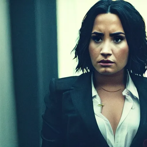 Image similar to close-up of Demi Lovato as a detective in a movie directed by Christopher Nolan, movie still frame, promotional image, imax 70 mm footage