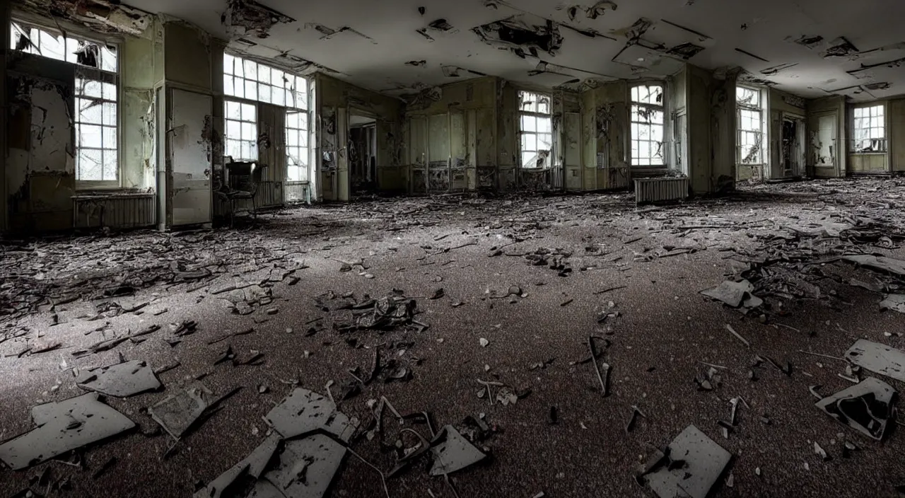 Image similar to photograph of the inside of a rotting abandoned hospital with a checkered floor, dark, no windows, horror | joe biden barely in view in the corner with a demonic grin on his face