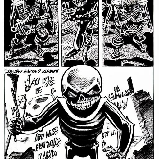 Prompt: a highly detailed comic in the style of jack kirby, joe kubert, alex toth, of a skeleton giving a thumbs up and smiling, trending on artstation, 4 k