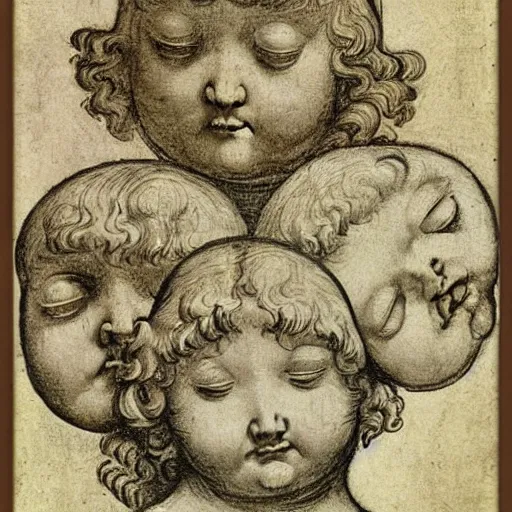 Prompt: cherub with 4 faces, by leonardo davinci