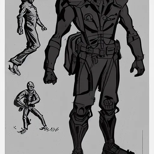 Prompt: concept art, stylized silhouette, super exaggerated proportions, concept design, male, science fiction suit, helmet, by mike mignola