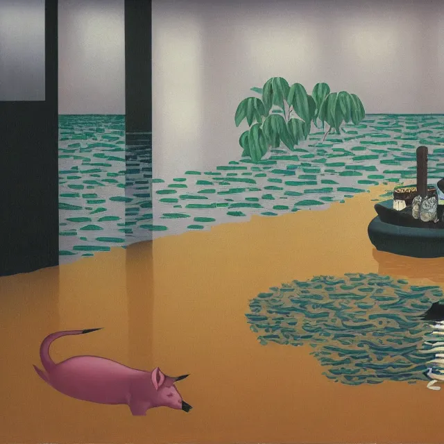 Image similar to painting of flood waters inside an apartment, emo catgirl art student, a river flooding inside, taps with running water, tangelos, zen, pigs, ikebana, water, river, rapids, waterfall, black swans, canoe, pomegranate, berries dripping, acrylic on canvas, surrealist, by magritte and monet