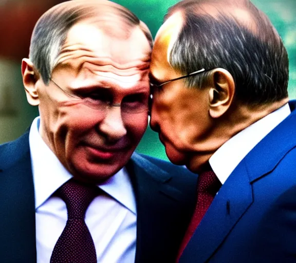 Image similar to a photo of vladimir putin kisses sergey lavrov, animals mating, lovely kiss, kiss mouth to mouth, romantic, emotional, love scene, insane details, clear face, clear eyes, textured, 8 k, professional photography, animal world, discovery channel, dslr, focus, zeiss lense, 5 0 mpx