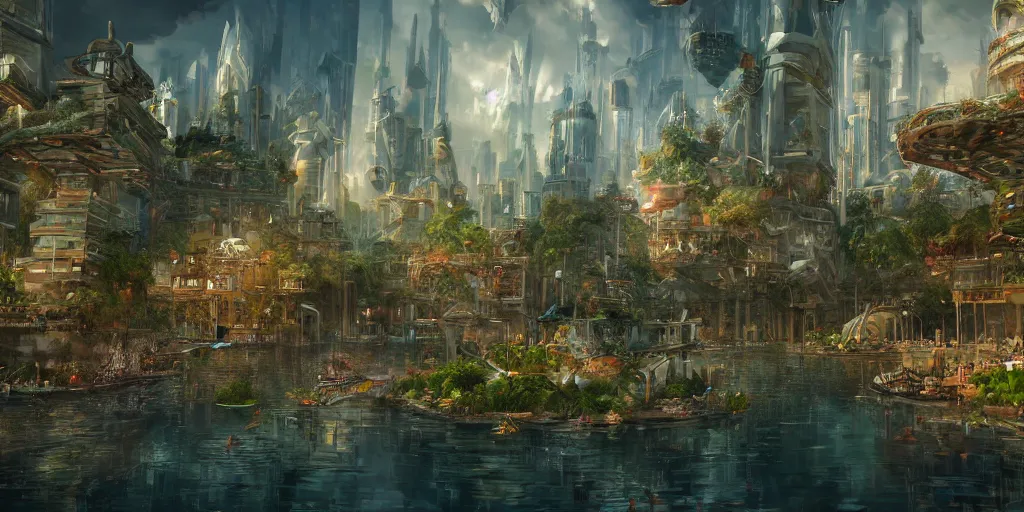 Image similar to a utopian city, filled with fauna, with building floating around everywhere, building cover with plant, dynamic lighting, fantasy concept art, trending on art station, stunning visuals, creative, cinematic, intricately detailed, unreal engine, 4 k