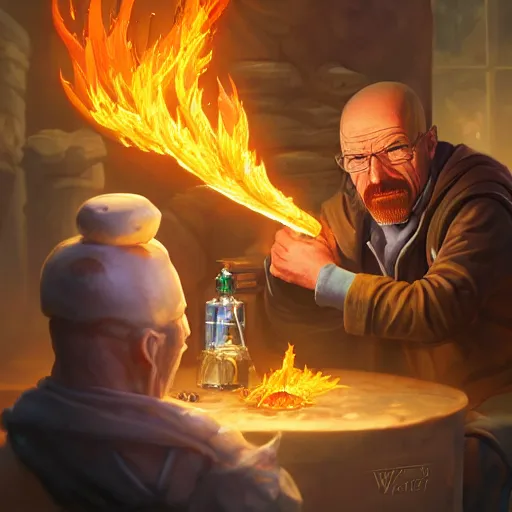 Image similar to Walter White as an Alchemist Making a Potion of Stored Flames of Eden, Fantasy Illustration by Tony Sart, Trending on artstation