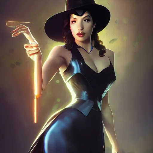 Image similar to christian serratos as zatanna by leonardo divinci, greg rutkowski, alphonse mucha, mystical cosmic lighting, octane render, artstation, rey tracing, golden ratio, rule of thirds, perfect composition