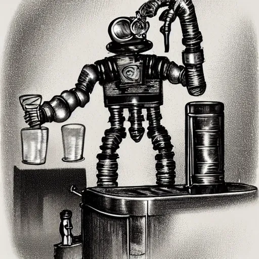 Prompt: a steampunk cyberpunk robot is at the bar and orders a drink from a bartender TY beanie baby puppy (fluffy), cgsociety, old master.